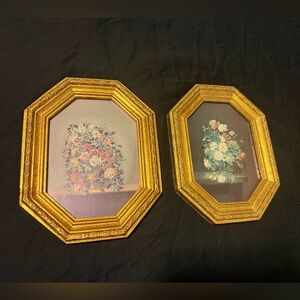 Vintage Ornate Gold Framed Floral Art, Set of Two